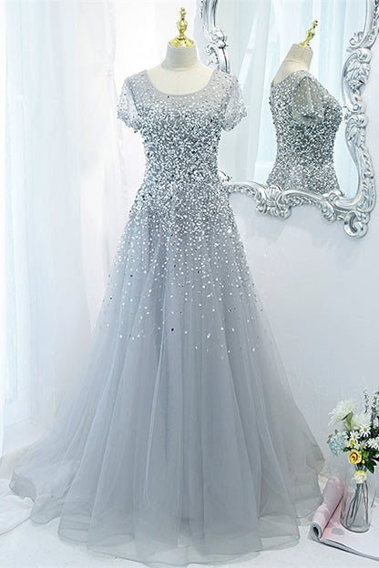 Cap Sleeves Silver Sequins A-line Long Formal Dress