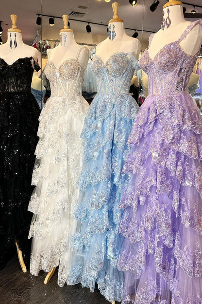 Corset Tulle Appliques Tiered Ruffle Long Prom Dress with slit