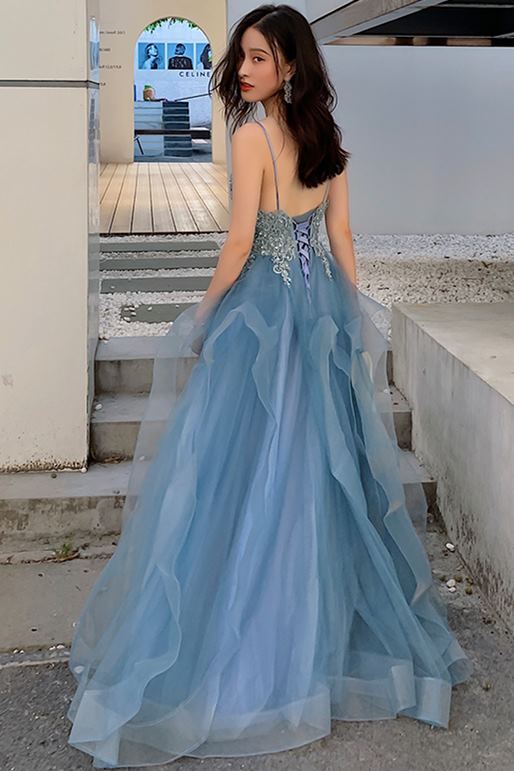 A-line Blue Lace Appliques Long Prom Dress