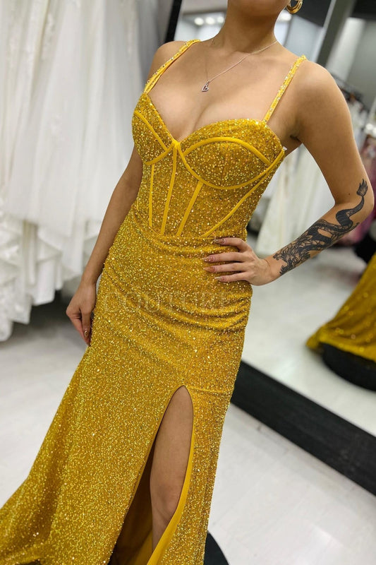 Yellow Sequin Straps Mermaid Long Prom Dress with Lace Up Back