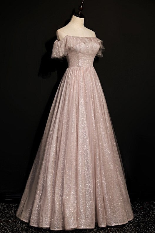 Shimmering Off the Shoulder Rose Gold Long Formal Dress