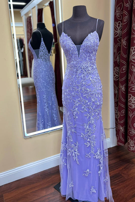 Spaghetti Straps Lilac Appliques Sheath Long Prom Dress