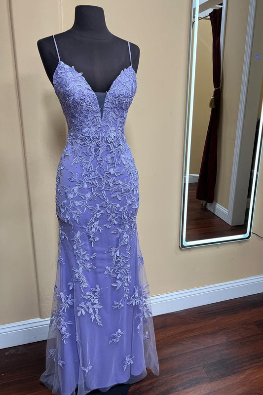 Spaghetti Straps Lilac Appliques Sheath Long Prom Dress