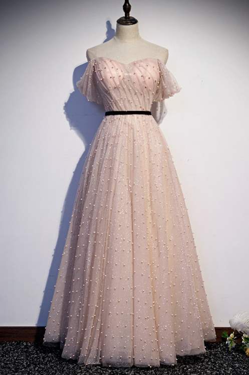 Off the Shoulder Grey Pearls Long Prom Dress