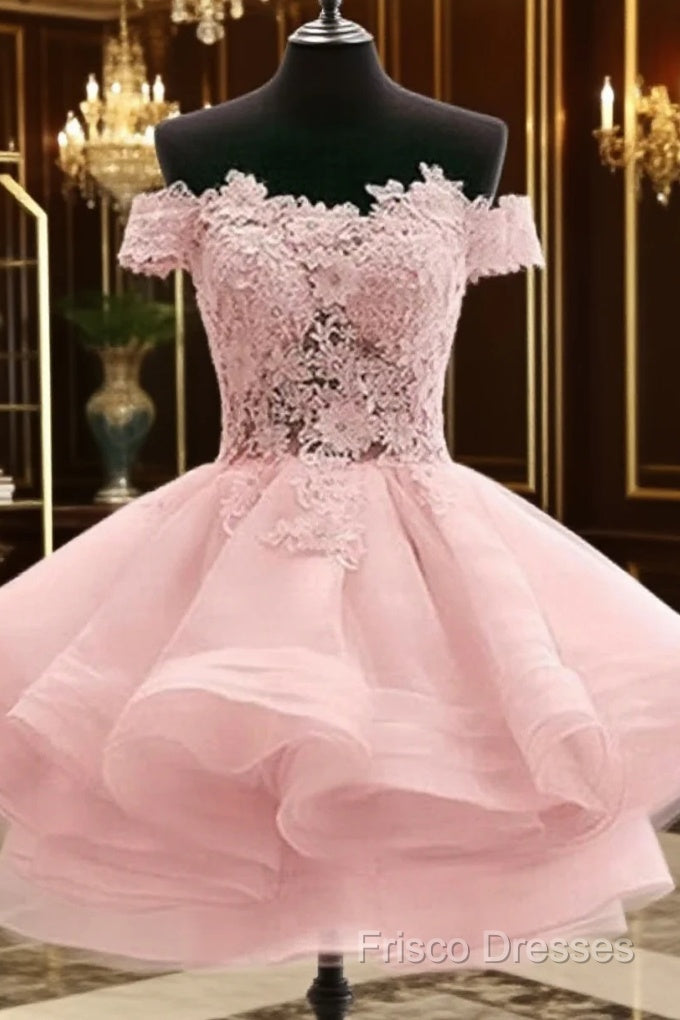 Custom Made Off Shoulder Pink Lace Short Formal Prom Dress, Pink Lace Bridesmaid Dress, Homecoming Dress
