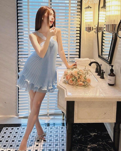 Cute A Line Halter Baby Blue Pleated Chiffon Short Homecoming Dress Birthday Dress