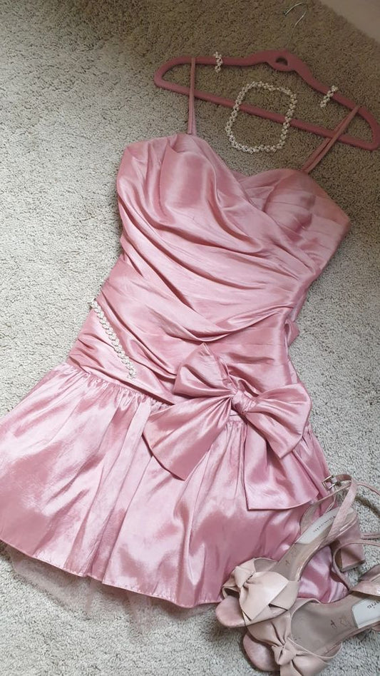 Cute A Line Straps Pink Satin Homecoming Dresses Short Birthday Dress With Bow