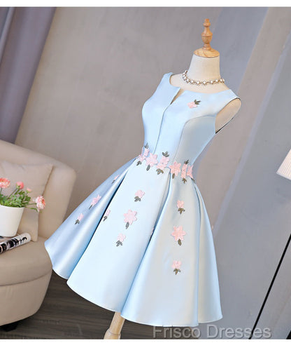 Cute Blue Satin Short Homecoming Dress Party Dress, Blue Formal Prom Dress With Flowers