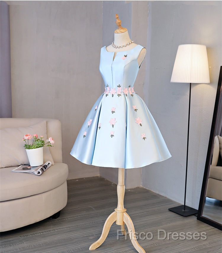Cute Blue Satin Short Homecoming Dress Party Dress, Blue Formal Prom Dress With Flowers