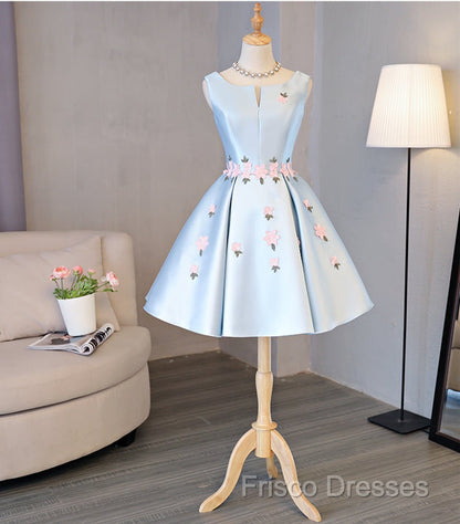 Cute Blue Satin Short Homecoming Dress Party Dress, Blue Formal Prom Dress With Flowers