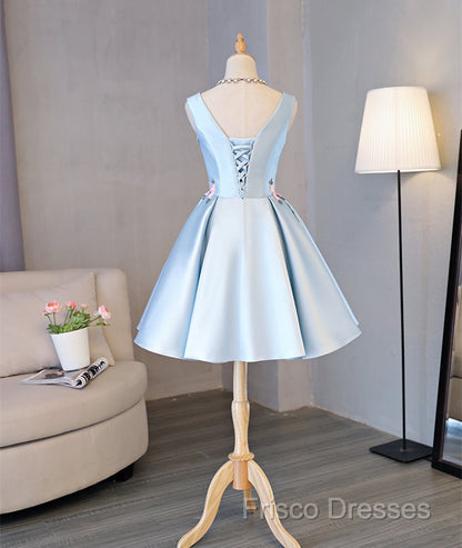Cute Blue Satin Short Homecoming Dress Party Dress, Blue Formal Prom Dress With Flowers