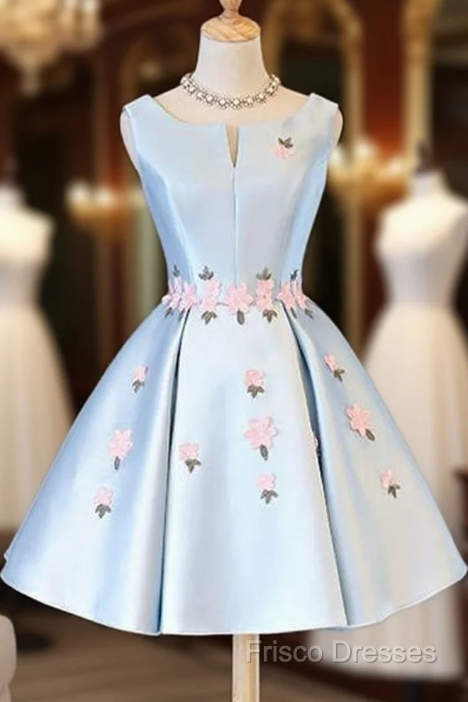 Cute Blue Satin Short Homecoming Dress Party Dress, Blue Formal Prom Dress With Flowers