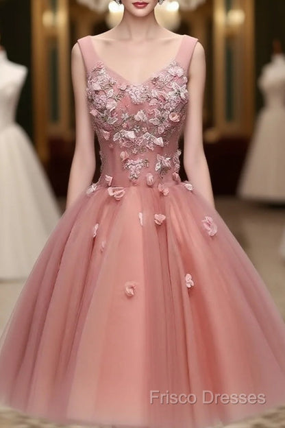 Cute Dark Pearl Pink Knee Length V-Neckline Flower Homecoming Dress, New Party Dress