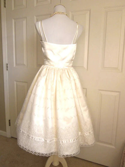 Cute Ivory Strappy Satin Lace Trim A-Line Birthday Dress Homecoming Dress