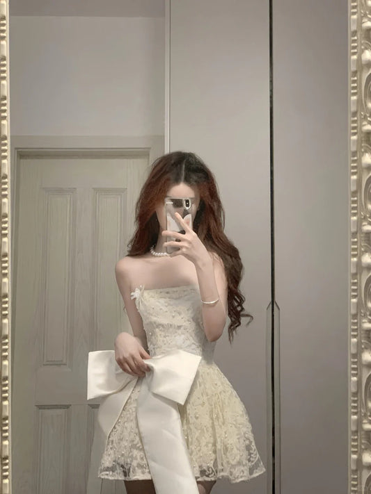 Cute Lace Pearl Bow Strapless A-Line Mini 17Th Birthday Homecoming Dress