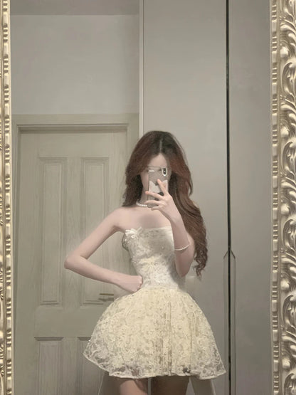 Cute Lace Pearl Bow Strapless A-Line Mini 17Th Birthday Homecoming Dress