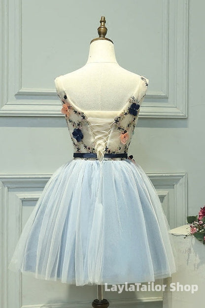 Cute Light Blue Short Tulle Homecoming Dress, Blue Formal Prom Dress