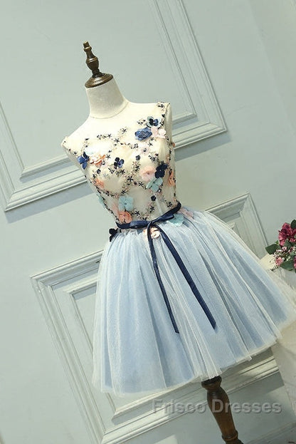 Cute Light Blue Short Tulle Homecoming Dress, Blue Formal Prom Dress