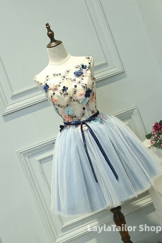 Cute Light Blue Short Tulle Homecoming Dress, Blue Formal Prom Dress