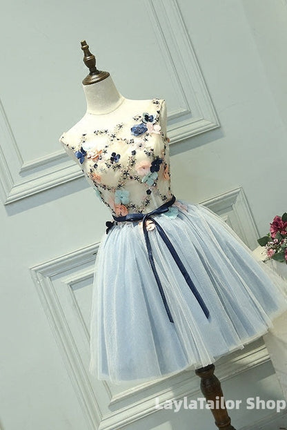 Cute Light Blue Short Tulle Homecoming Dress, Blue Formal Prom Dress