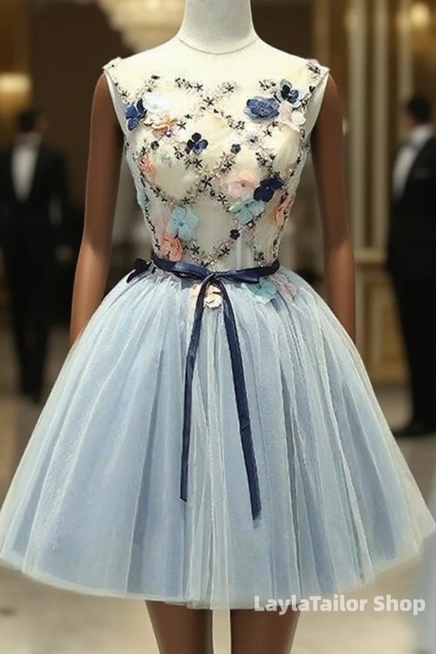 Cute Light Blue Short Tulle Homecoming Dress, Blue Formal Prom Dress