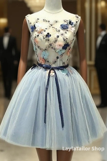 Cute Light Blue Short Tulle Homecoming Dress, Blue Formal Prom Dress