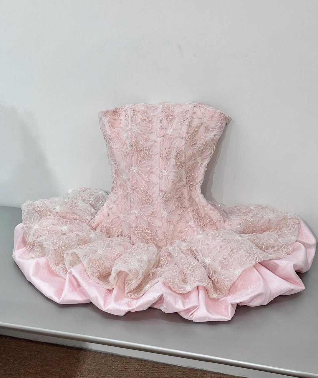 Cute Pink Strapless Lace Satin A Line Short Homecoming Dress 21St Birthday Party Dress