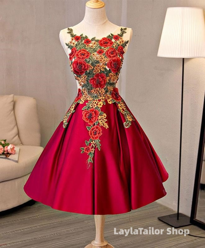 Cute Red Satin With Embroidery Knee Length Homecoming Dress, Short Party Dress