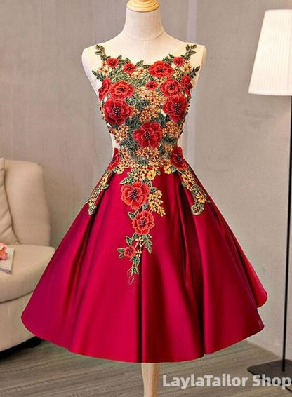 Cute Red Satin With Embroidery Knee Length Homecoming Dress, Short Party Dress