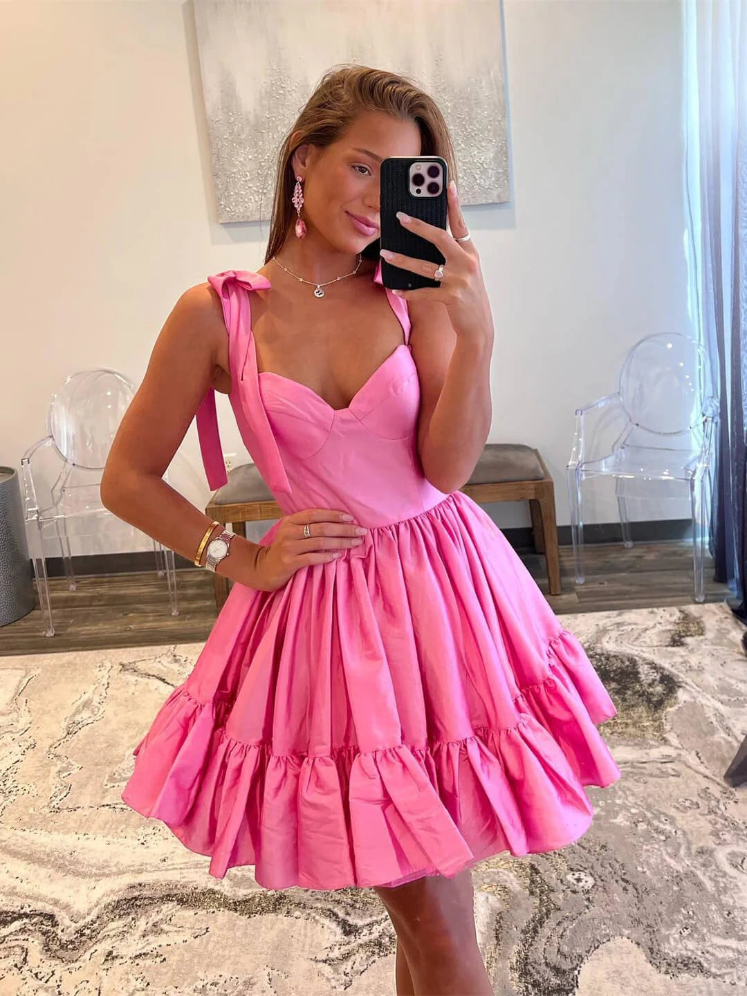 Cute Barbie Pink A-Line Satin Homecoming Dresses Mini Birthday Dresses, LTP3007