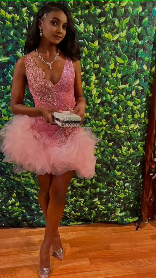Cute V Neck Pink Short Homecoming Dress Tulle Ruffles Pink Birthday Outfit Dress