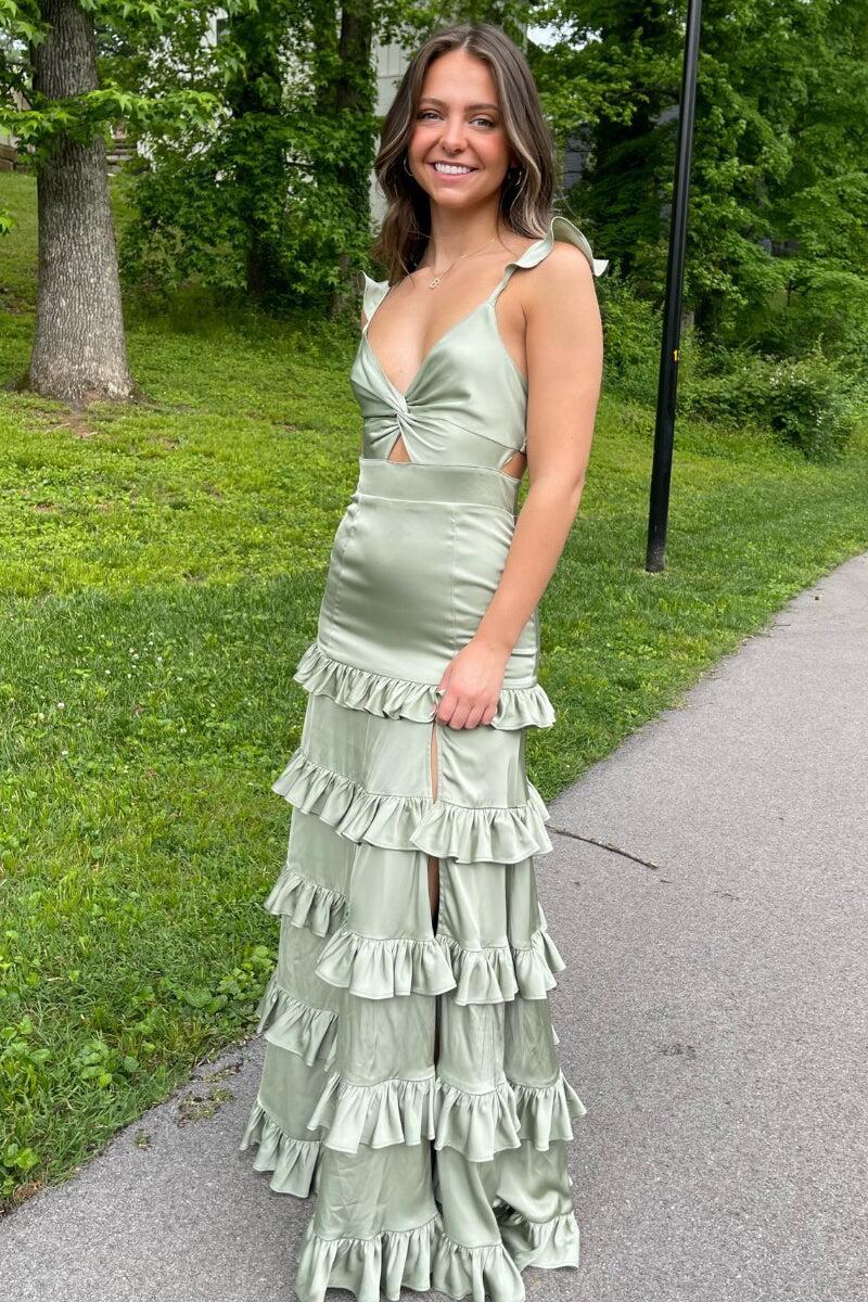 Knotted Sage Ruffles Tiedred Maxi Dress
