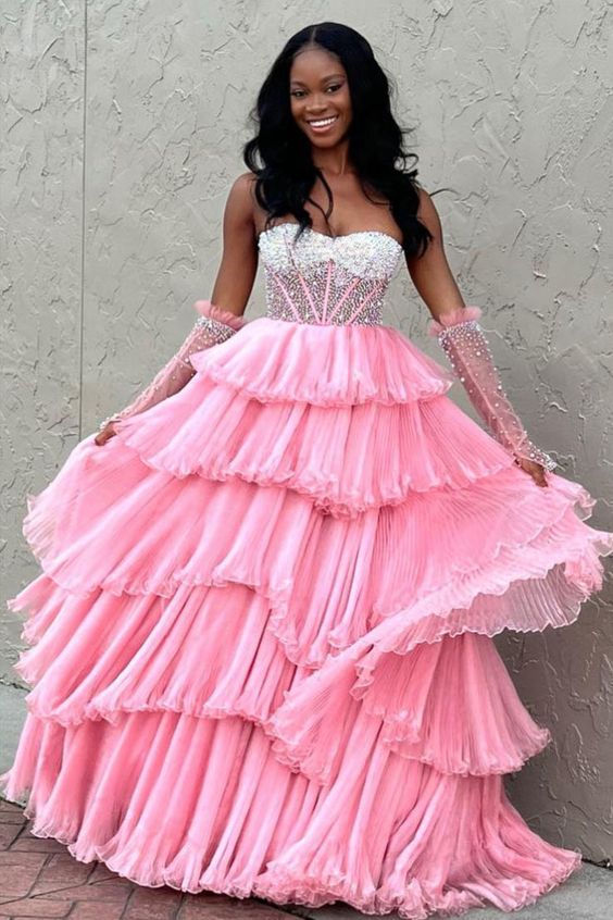 Luxury Beaded Sleeveless Pleated Evening Prom Dresses