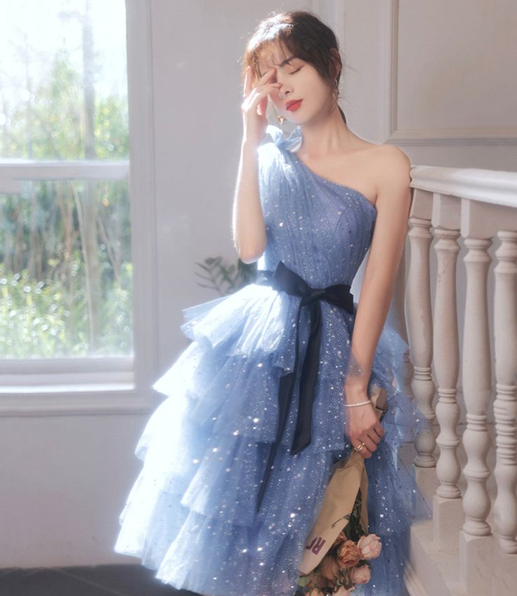 LTP1766,Dream Blue One Shoulder Homecoming Dress, Sparkle Starry Tulle Prom Hoco Dress