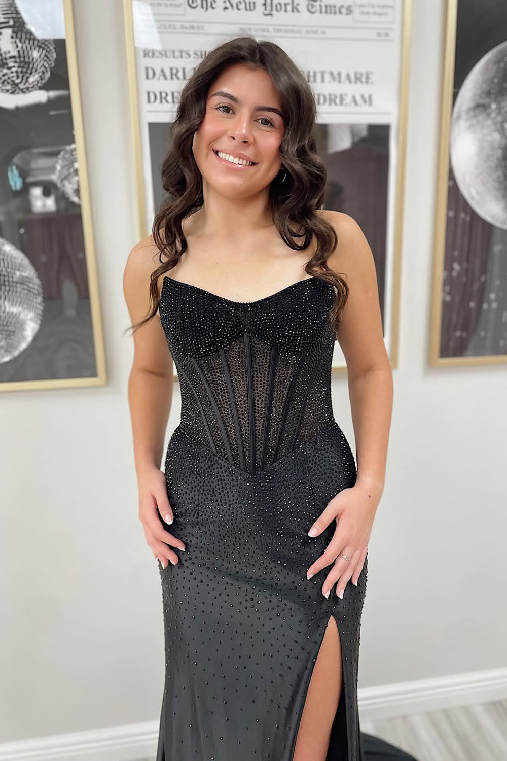 Glitter Mermaid Scoop Neck Hot Fix Satin Prom Dress with Slit