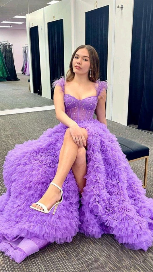 Luxury Beaded Tulle A-Line Purple Prom Dresses With Feather