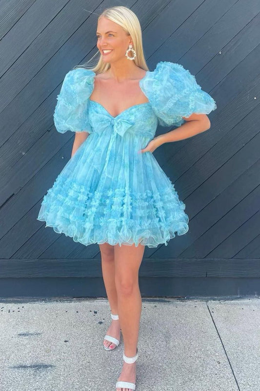 Princess Bubble Sleeves Ruffle Homecoming Dress