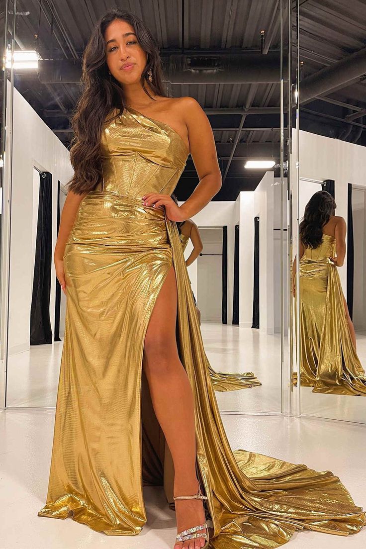 One Shoulder Gold Slit Evening Prom Dresses