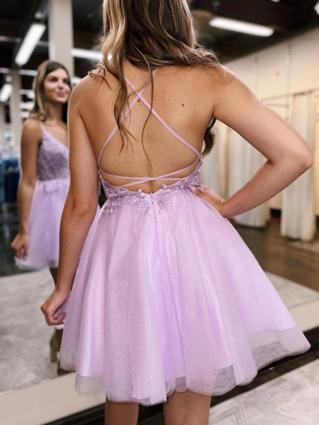 Lilac Spaghetti Straps V-Neck Homecoming Dress