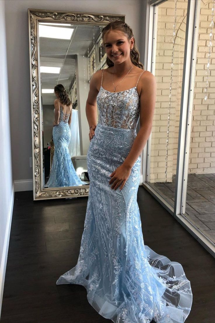 Gorgeous Light Blue Applique Spaghetti Straps Prom Dress