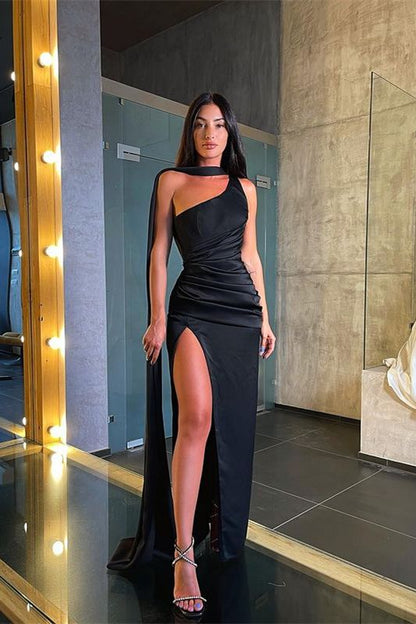 LTP0931,Sexy Prom Dress Black One Shoulder Sleeveless Side High Slit Pleat Party Gowns with Shawl Simple Long Evening Dresses