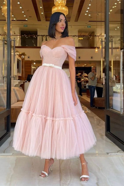 LTP1864,Light Pink Off The Shoulder A-Line Tulle Ankle Length Prom Homecoming Dresses