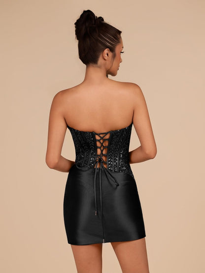 Black - Strapless Bodycon Satin Pleated Short Homecoming & Cocktail Dresses With Beading