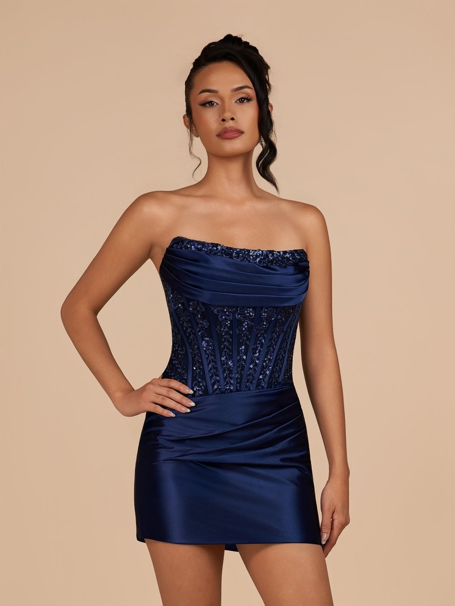 Navy Blue - Strapless Bodycon Satin Pleated Short Homecoming & Cocktail Dresses With Beading