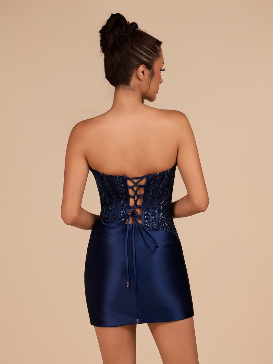 Navy Blue - Strapless Bodycon Satin Pleated Short Homecoming & Cocktail Dresses With Beading