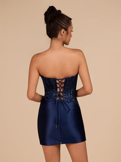Navy Blue - Strapless Bodycon Satin Pleated Short Homecoming & Cocktail Dresses With Beading