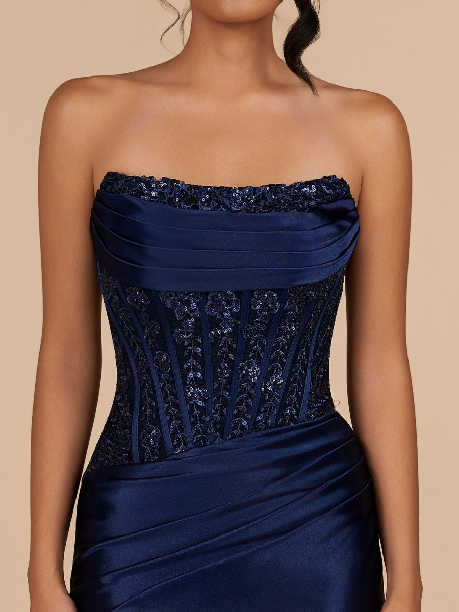 Navy Blue - Strapless Bodycon Satin Pleated Short Homecoming & Cocktail Dresses With Beading