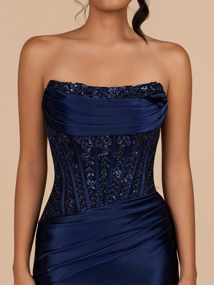 Navy Blue - Strapless Bodycon Satin Pleated Short Homecoming & Cocktail Dresses With Beading