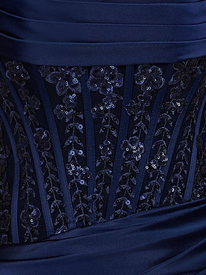 Navy Blue - Strapless Bodycon Satin Pleated Short Homecoming & Cocktail Dresses With Beading