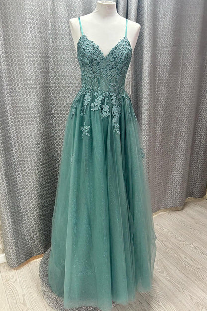 Straps Teal Green Lace Appliques Long Prom Dress